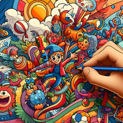 Obraz premium Colorful Cartoon Collage: Colorful Doodle Art