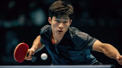 Competitive Asian man, playing in table tennis on annual youth tournament. Sports equipment ad featuring professional-grade gear.
