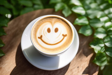 Cup of latte with smiling latte art coffee, hot coffee, Cappuccino art, wooden table background. Generated AI