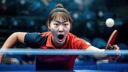Emotional Asian tennis player on annual sport championship in motion. Visual for training program focusing on reaction time