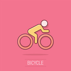 People on bicycle sign icon in comic style. Bike vector cartoon illustration on isolated background. Men cycling business concept splash effect.