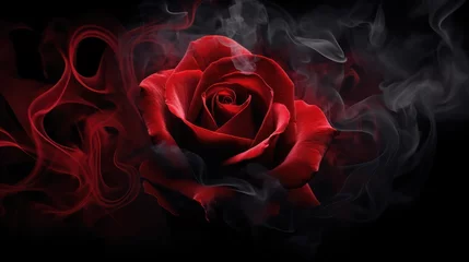 Fotobehang Red rose wrapped in smoke swirl on black background © ANStudio