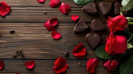 red rose petals leaves and heart chocolate on a wooden desk for valentines day holiday