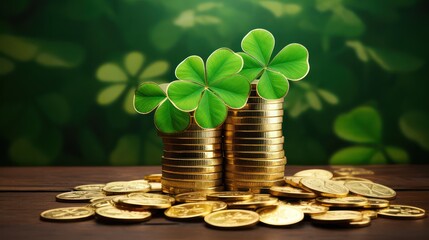 Saint Patricks day backdrop with close up stack of chocolate coins with green four-leafed paper shamrock - obrazy, fototapety, plakaty