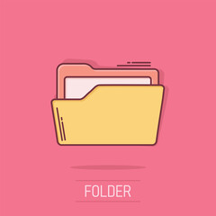 File folder icon in comic style. Documents archive vector cartoon illustration on isolated background. Storage splash effect business concept.