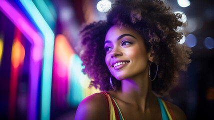 Smiling young african-american woman enjoying colorful neon lights