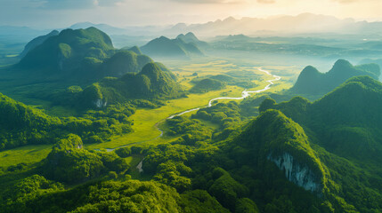 Aerial View of Lush Green Valleys at Dusk - Powered by Adobe