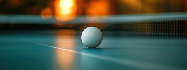Close-up photo of white table tennis ball sitting on blue table tennis table. Net blurred in background. Selective focus. - obrazy, fototapety, plakaty