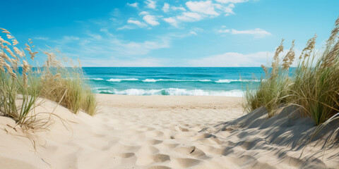 Sand dunes on the beach with blue sea and sky background.