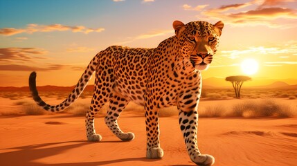 Leopard in the savanna on the background of the sunset.