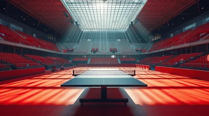 Foto op Aluminium Before competition. Warm sunlight floods empty sports field with ping pong tables © Lustre