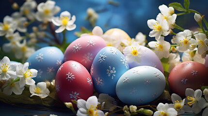 Fototapeta na wymiar Brightly decorated easter eggs with beautiful spring flowers