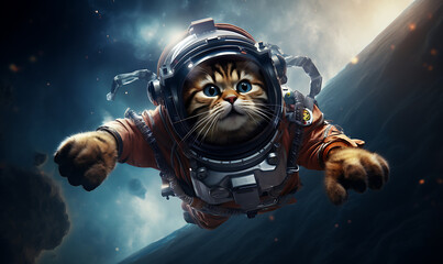 Fototapeta na wymiar Cat wearing astronaut suit full equipment flying on galaxy AI Image Generative