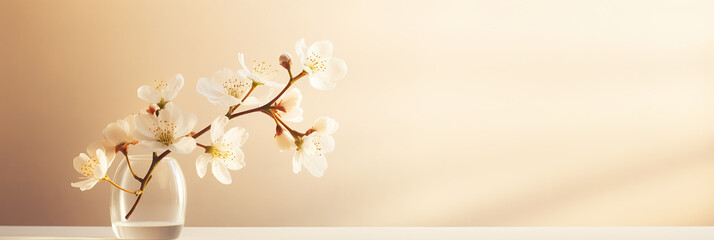 Spring minimalist still life banner with featuring a delicate white vase with blossoming branches, radiating a warm, gentle light.