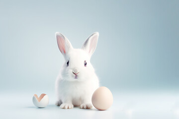 Obraz premium Pure white rabbit gazes curiously beside an egg, against a cool blue backdrop, evoking the peaceful joy of Easter.