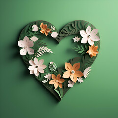Paper cut heart with white flowers on green background.  illustration.