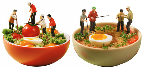 Illustration of small farmers working together on a giant bowl of agricultural products