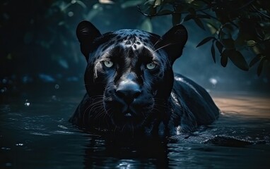A sleek black panther gracefully emerges from the depths of the water, its powerful snout glistening in the sunlight as it surveys the vibrant outdoor landscape, a striking contrast to the nearby hip
