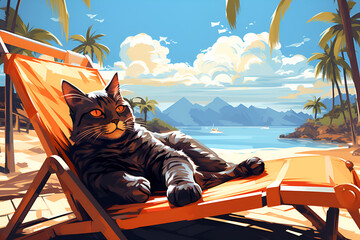 black cat wearing sun glasses by swimming pool in a pet friendly hotel. cat. rest, relaxation, sea,...