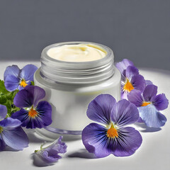Tricolor violet flowers on a white background surrounding a jar with cream 