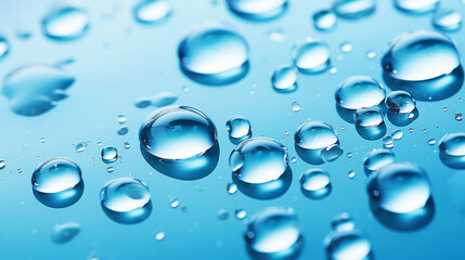 Closeup of water drops sliding on wet surface. Blue background. Generative AI