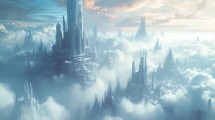 Crystalline cityscape suspended in the clouds.