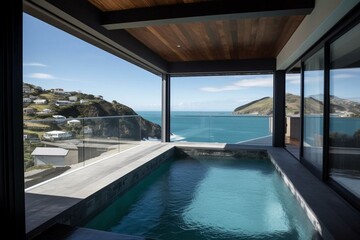 Contemporary coastal home with endless pool and stunning view. Artwork. Generative AI