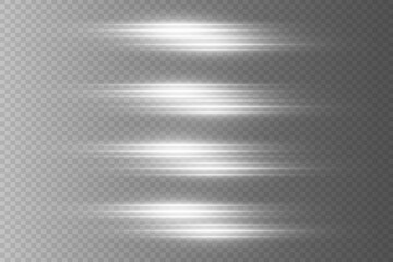 Set of white horizontal highlights. Laser beams of light. The effect of flickering light flashes. On a transparent background. - obrazy, fototapety, plakaty
