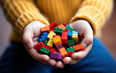 hands holding plastic Lego blocks created with Generative AI technology - obrazy, fototapety, plakaty