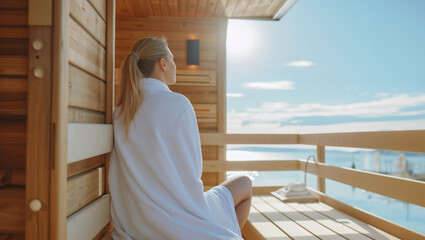 A beautiful blonde woman daydreaming in the sun by her lakeside sauna - Powered by Adobe