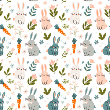 Seamless eastern pattern with rabbit, flowers and carrot. Pastel cute gentle style, texture  backgound  vector illustration for textile or fabric