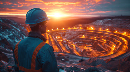 L'image montre une personne portant un casque de sécurité et une veste de haute visibilité observant un grand site industriel, tel qu'une mine, pendant un coucher de soleil éclatant. Le dos de la pers - obrazy, fototapety, plakaty