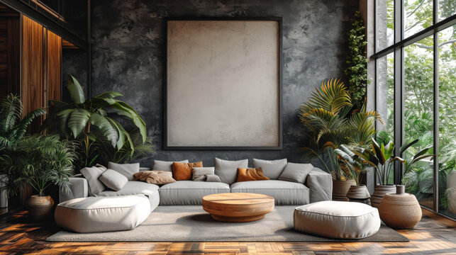 
Salon moderne : grand canapé gris en L, table basse ronde en bois. Mur sombre avec cadre de toile. Lumière naturelle, plantes en pot. Esthétique contemporaine, palette neutre. Mélange de matériaux 