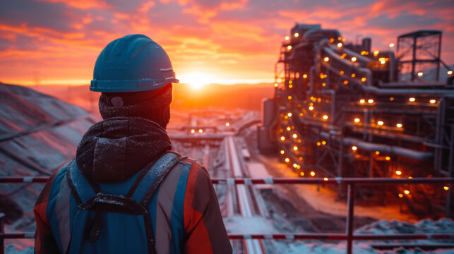 L'image montre une personne portant un casque de sécurité et une veste de haute visibilité observant un grand site industriel, tel qu'une mine, pendant un coucher de soleil éclatant. Le dos de la pers