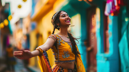 Obraz premium Energetic cool Indian woman in traditional saree dancing on the street. Generative AI
