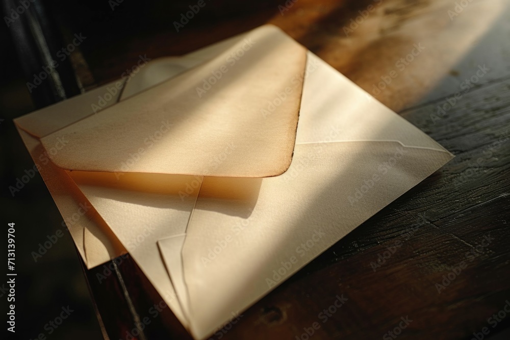 Poster an open envelope sitting on top of a wooden table. perfect for business correspondence or personal m