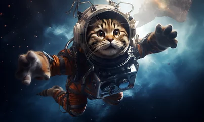 Photo sur Plexiglas UFO Cat wearing astronaut suit full equipment flying on galaxy AI Image Generative
