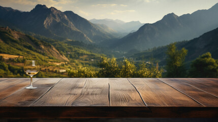 Wooden table mountains bokeh background, empty wood desk surface product display mockup with blurry...