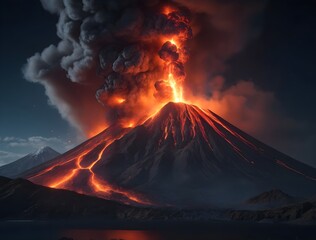 Active volcano erupting with smoke and lava at night. Generative AI