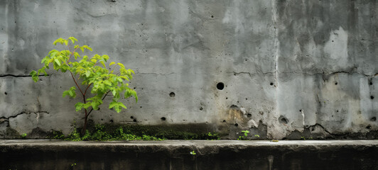 Tree growing on concrete wall background. Concept of urbanization and sustainable environment - obrazy, fototapety, plakaty