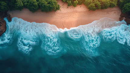 Plage avec vague vu par un drone de dessus, eau bleu
