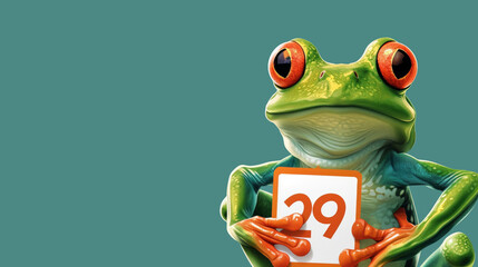 Leap day, 29 February 2024 illustration with Green Frog, calendar with date 29 February. Leap year, one extra day, Happy Leap Day greeting card.
