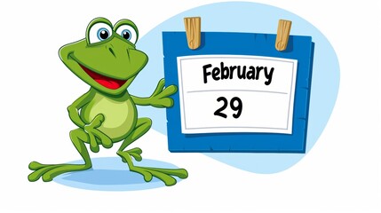 Leap day, 29 February 2024 illustration with Green Frog, calendar with date 29 February. Leap year, one extra day, Happy Leap Day greeting card.