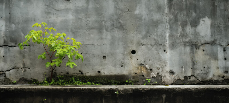 Tree growing on concrete wall background. Concept of urbanization and sustainable environment