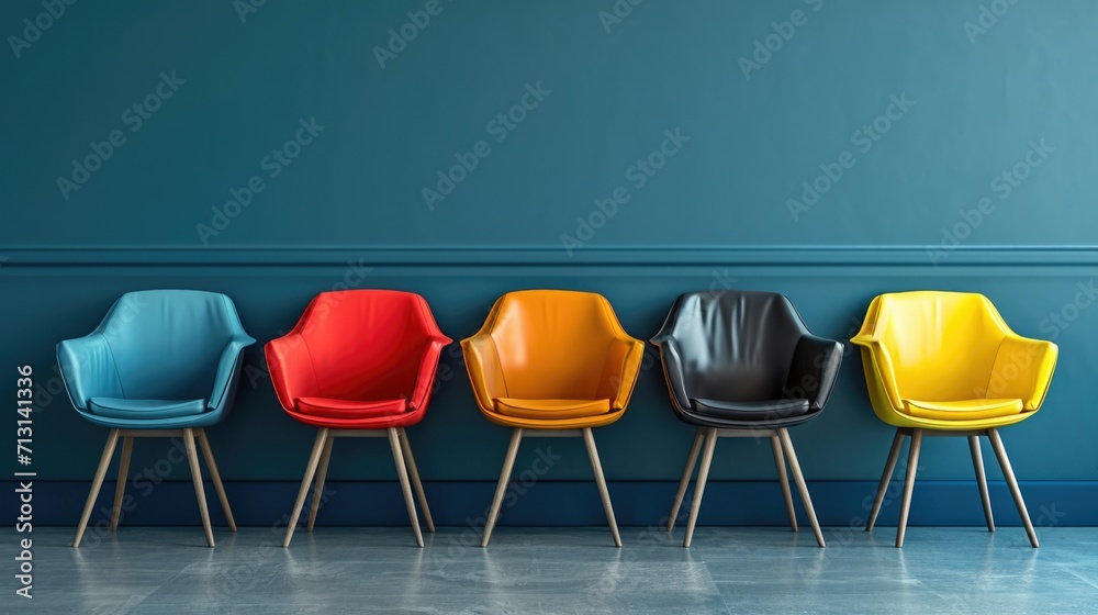 Poster colorful chairs lined up against a vibrant blue wall. perfect for adding a pop of color to any space