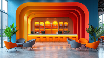 Intérieur chic : espace d'attente aux tons orange et jaune, arches, bar avec étagères. Chaises modernes grises et orange, tables basses. Plantes. Design contemporain, jeu de couleurs et de courbes.