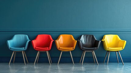 Colorful chairs lined up against a vibrant blue wall. Perfect for adding a pop of color to any space
