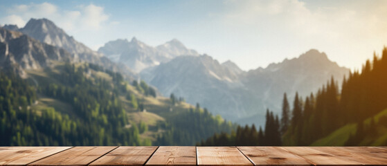 Wooden table mountains bokeh background, empty wood desk surface product display mockup with blurry...