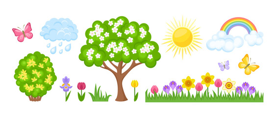 Spring nature illustration set. Vector cartoon flat icons of flowers, grass, blossoming tree, sun, clouds and rainbow.