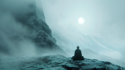 Monk meditating on the foggy mountain
